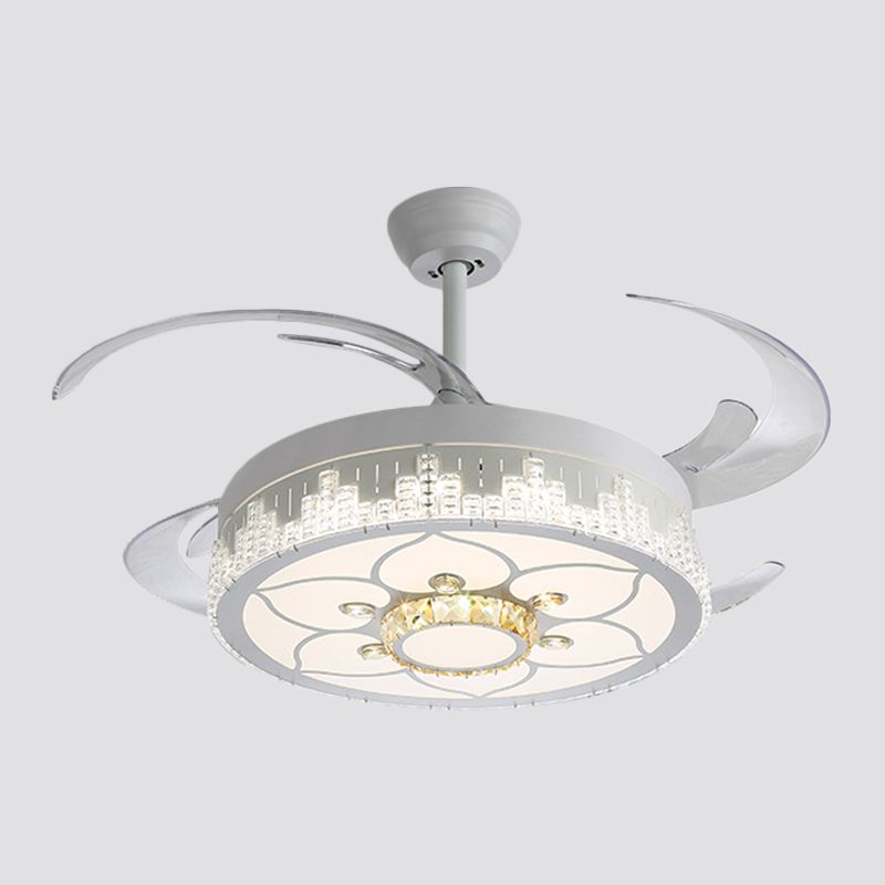 Nordic Round 4-Blade Semi Flush Light Fixture Crystal Living Room LED Hanging Fan Lamp in White, 19" Wide