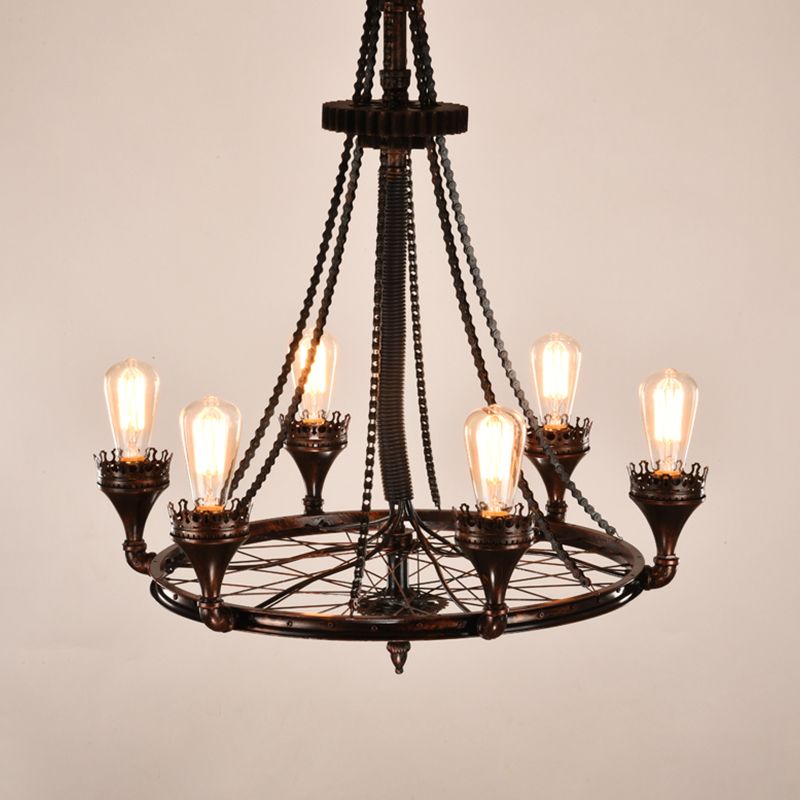 Rust Wheel Chandelier Pendant Light Industrial Metallic 6-Bulb Restaurant Pendulum Lamp with Bicycle Chain