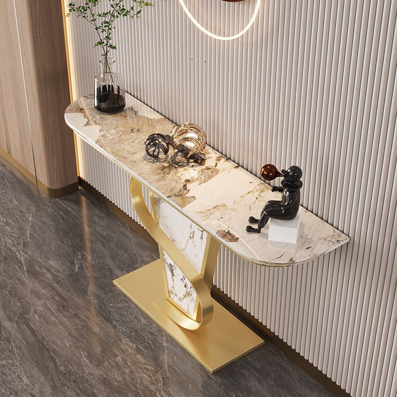 Glam Style Half Moon Console Table with Golden Steel Pedestal Base