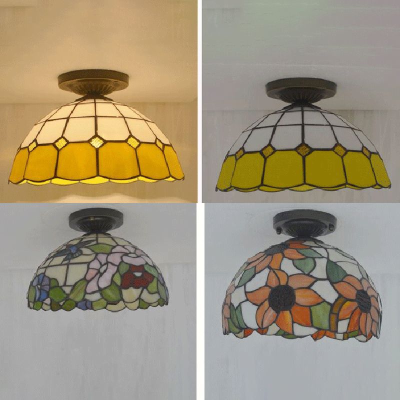 1 Light Bowl Ceiling Lamp Tiffany Style Glass Ceiling Lighting for Living Room