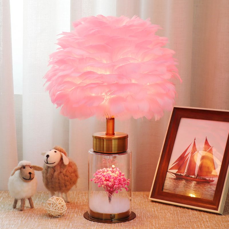 Feather Globe Study Lamp Nordic 1 Bulb Desk Light with Bottle Base and Inner Flower Decor in Grey/White/Pink