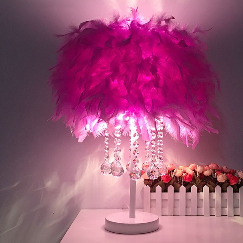 Feather Round Night Stand Lamp Contemporary 1-Bulb Red/Pink/Purple Table Light with Crystal Drop and White/Chrome Base