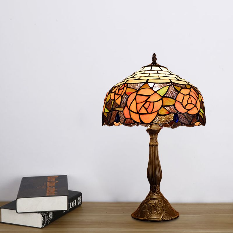 Red/Orange Bowl Table Lighting Tiffany 1 Light Stained Art Glass Rose Patterned Night Lamp for Bedroom