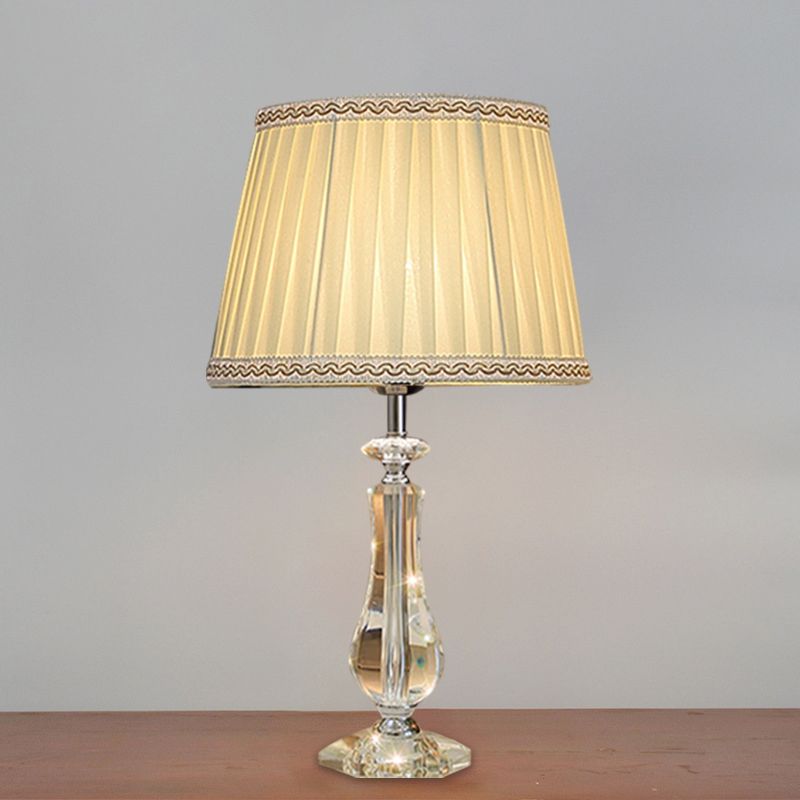 1 Head Flared/Pleated Shade Table Light Traditional Beige/Burgundy/Sky Blue Fabric Nightstand Lamp with Crystal Column