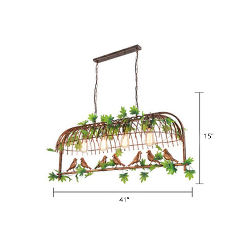 Cage industrielle Cage Pendante Light Fer Hanging Island Light With Ivy Decor in Rust for Restaurant