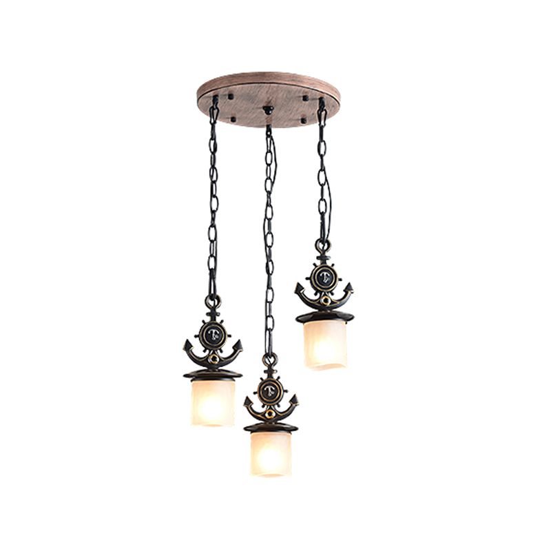 Black Cylinder Suspension Lamp Creative 3 Lights Opaque Glass Multi Pendant with Anchor Chain, Linear/Round Canopy