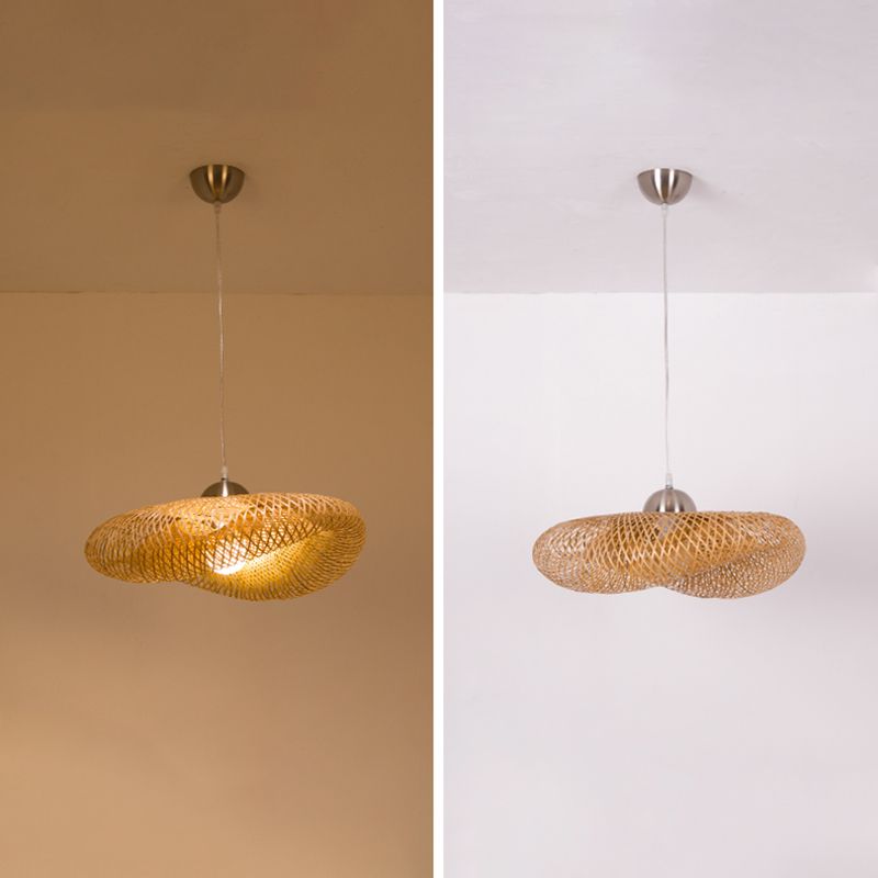 Asian Weaving Style Hat Shape Suspension Pendant Light Rattan 1 Light Hanging Ceiling Lights