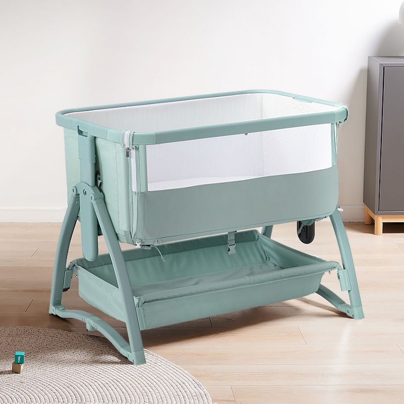 Gliding and Adjustable Metal Bassinet Oval Cradle with 4 Wheels and Storage Shelf