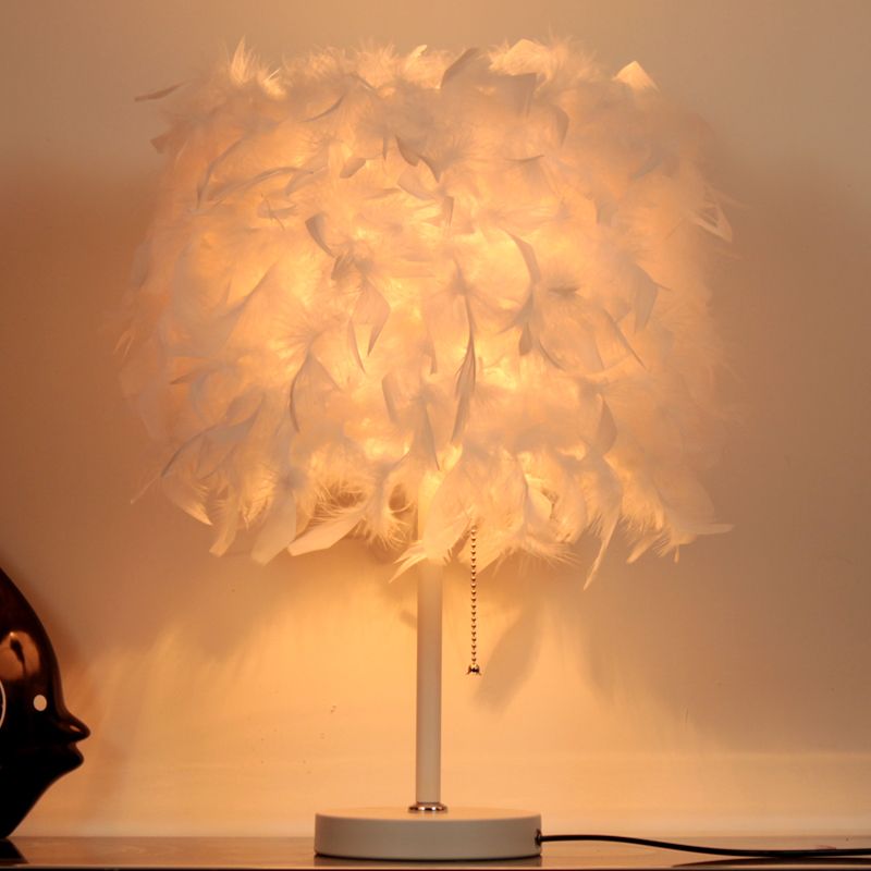 White/Red/Pink Cylindrical Table Lamp Romantic Modern 1 Bulb Feather Pull-Chain Nightstand Light