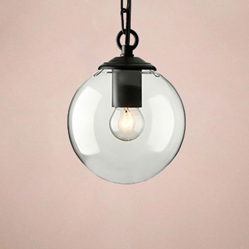 Black Globe Pendant Ceiling Light Farmhouse Clear Glass Single-Bulb Dining Room Hanging Lamp with Chain, 8"/10"/12" Wide