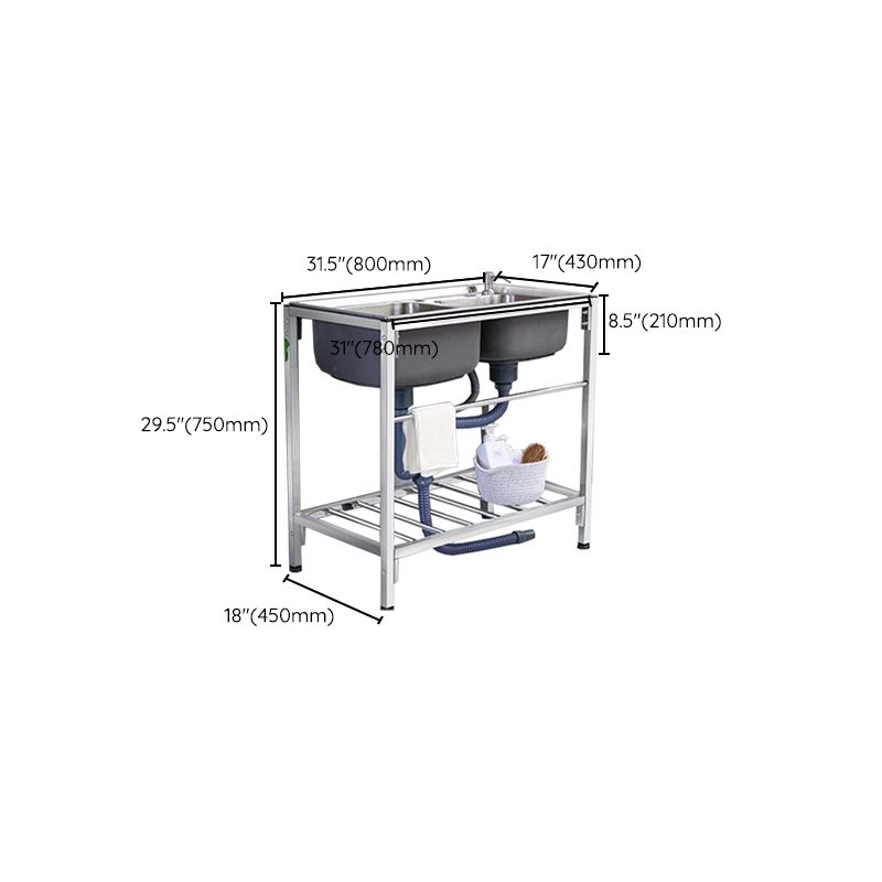 2-Bowl Sink Stainless Steel Kitchen Sink with Drain Assembly and Base