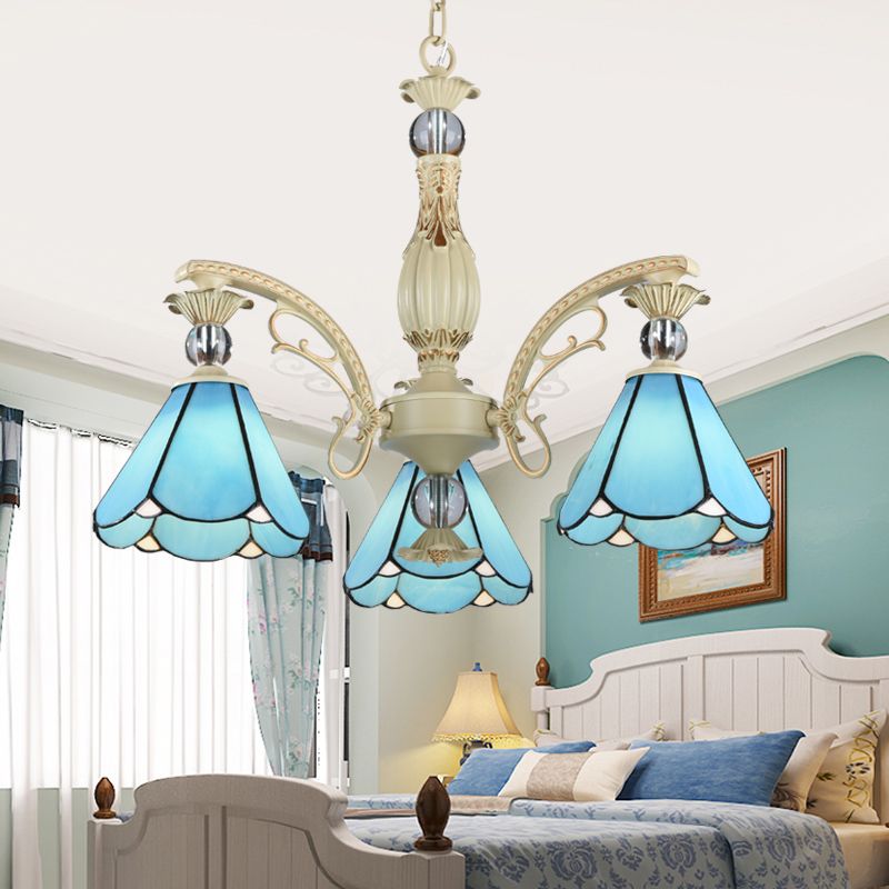 Blue Glass Scalloped Chandelier Mediterranean Dining Room Ceiling Suspension Lamp