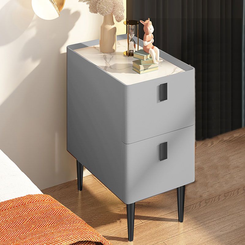 Contemporary Solid Wood Nightstand 2-Drawer Stone Top Night Table