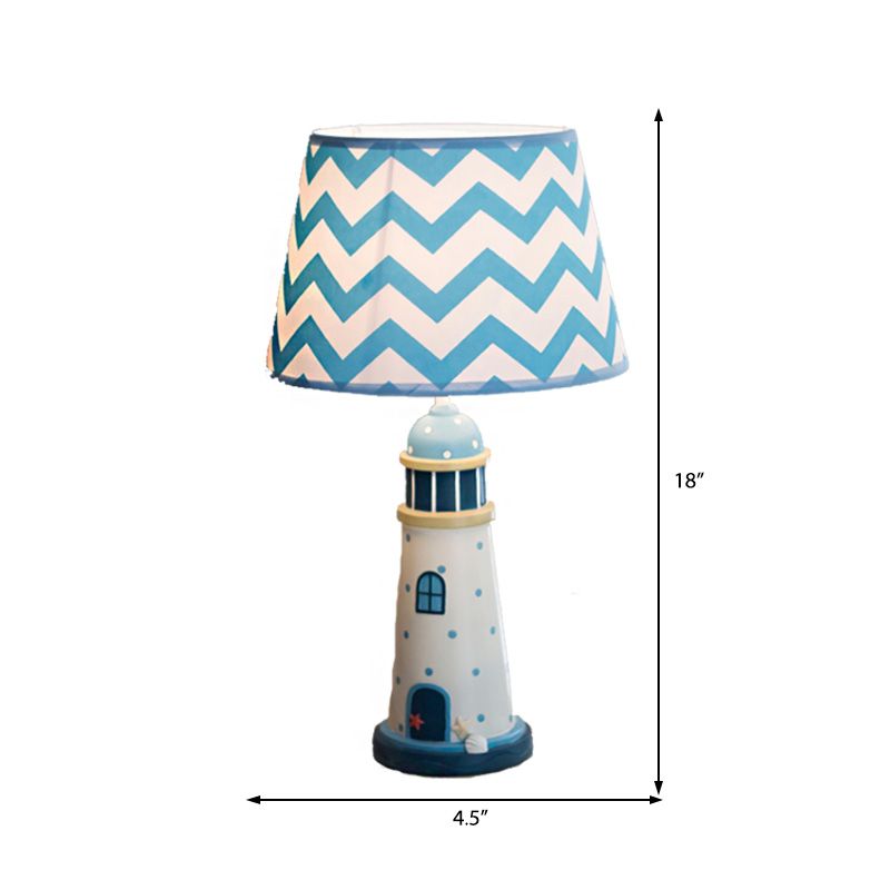 14"/18" Wide Cone Table Lighting Cartoon Style Fabric 1 Light Blue/White Stand Up Lamp with Resin Tower Base