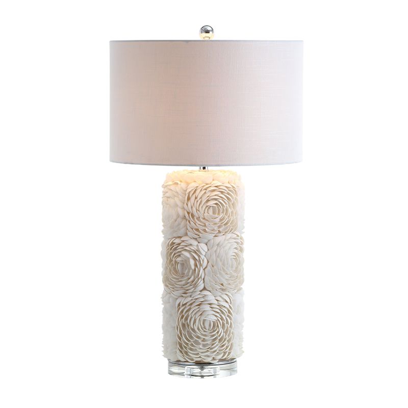 1 Bulb Floral Pillar Table Light Minimalistic White Shell Night Lamp with Drum Fabric Lamp Shade