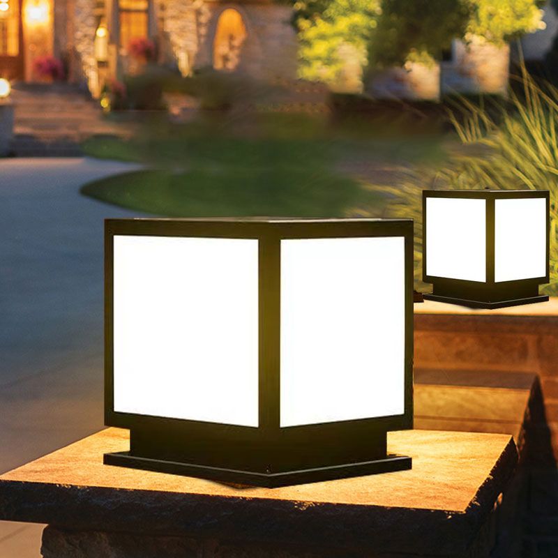 Square Shape Metal Outdoor Lights Modern Style 1 Light Solar Pillar Lamp in Black