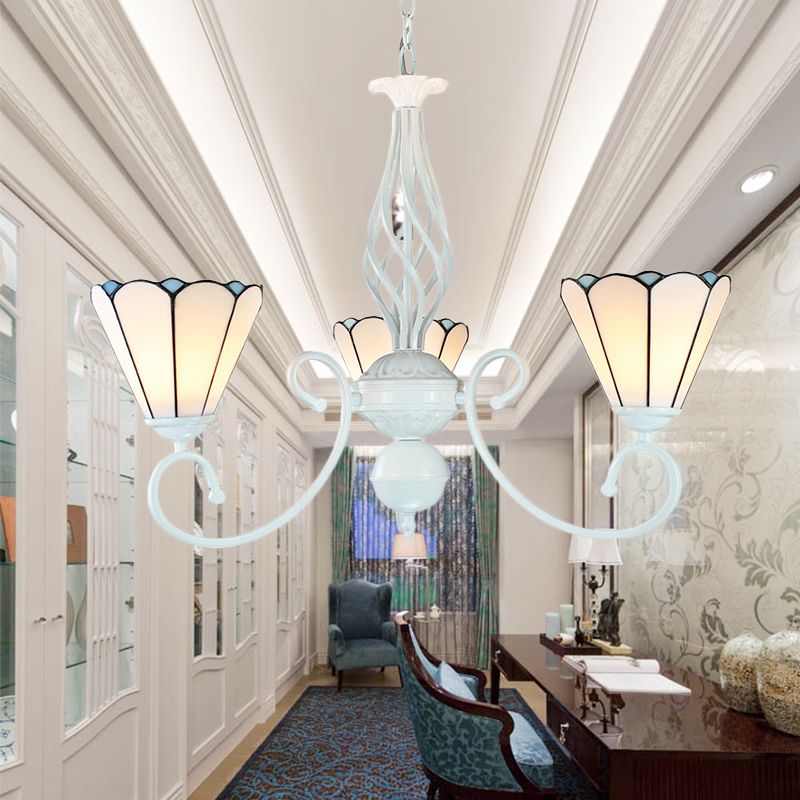 White Glass Cone Ceiling Chandelier Adjustable 3 Lights Foyer Pendant Light with Curved Arm