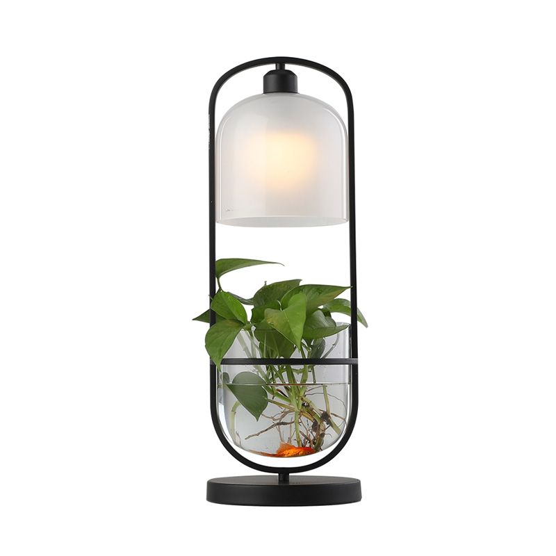 Black Oval Night Table Lamp Industrial Metal LED Living Room Nightstand Light with Plant Container