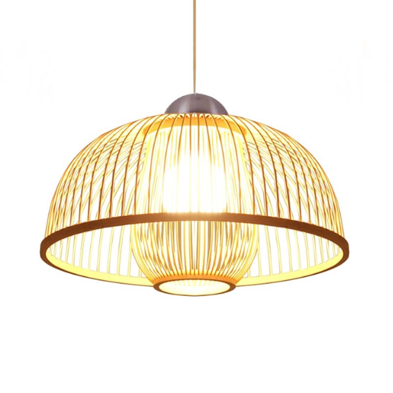 Single Head Dome Shade Hanging Lamp Asian Bamboo Ceiling Drop Light over Dining Table