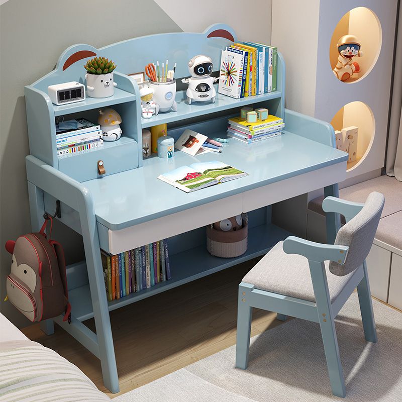 Adjustable Kids Desks and Chair Set with Hutch 2 Drawers Solid Wood Child Writing Desks