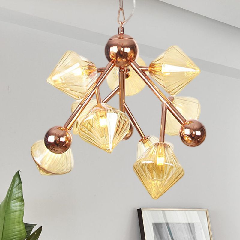 Modern 9 Heads Chandelier Light Rose Gold Diamond Pendant Lighting Fixture with Amber Glass Shade