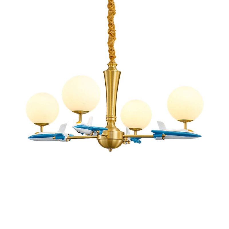 Kids Spherical Suspension Lamp Opaque Glass 4 Lights Nursery Chandelier Light with Airplane Deco in Blue