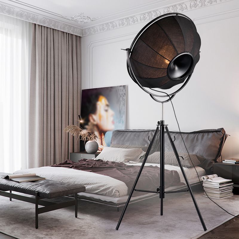 Radar Studio Floor Spotlight Industrial Style Fabric 1-Light Black Floor Lamp with Tripod