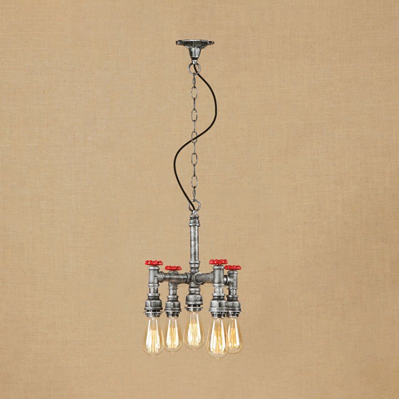 Steampunk Open Bulb Chandelier Lighting with Pipe and Valve 5-Light Iron Hanging Ceiling Fixture in Antique Silver/Bronze