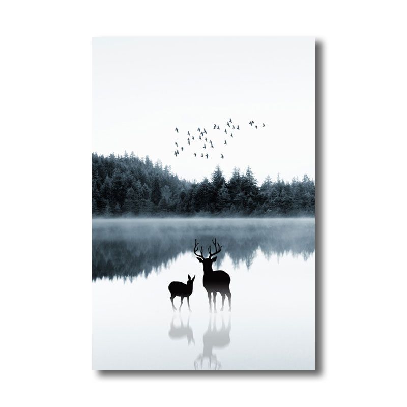 Reflection Wall Decor Contemporary Calming Deer and Forest Canvas Prints in Blue for Guest Room