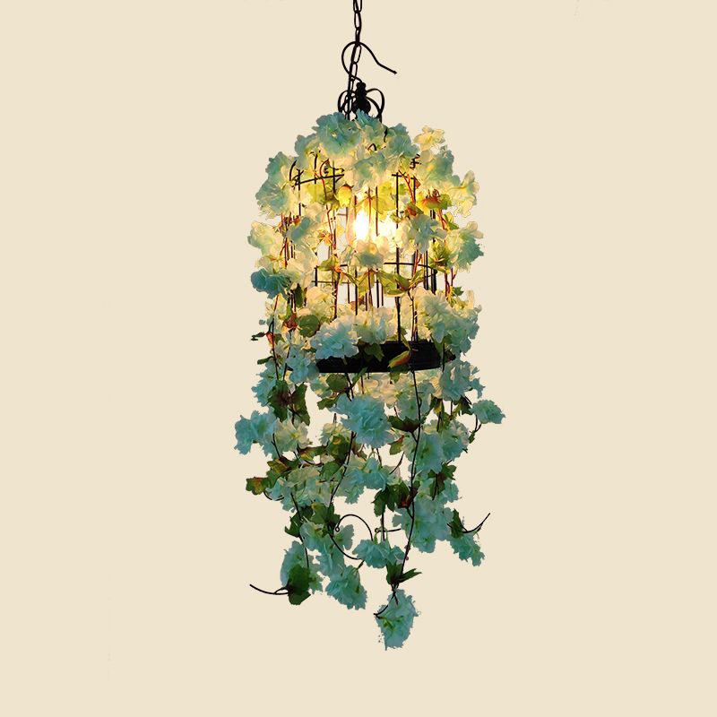 Birdcage Bar plafondlicht industrieel ijzer enkel licht groen hangend hanglamp met bloemdecoratie