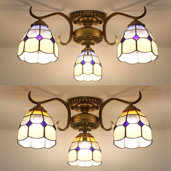 3 Lights Bowl Semi Flushmount Stained Glass Vintage Ceiling Light in Beige/Yellow/Purple/Clear/Blue-Pink/Blue-White/Green-White for Bedroom