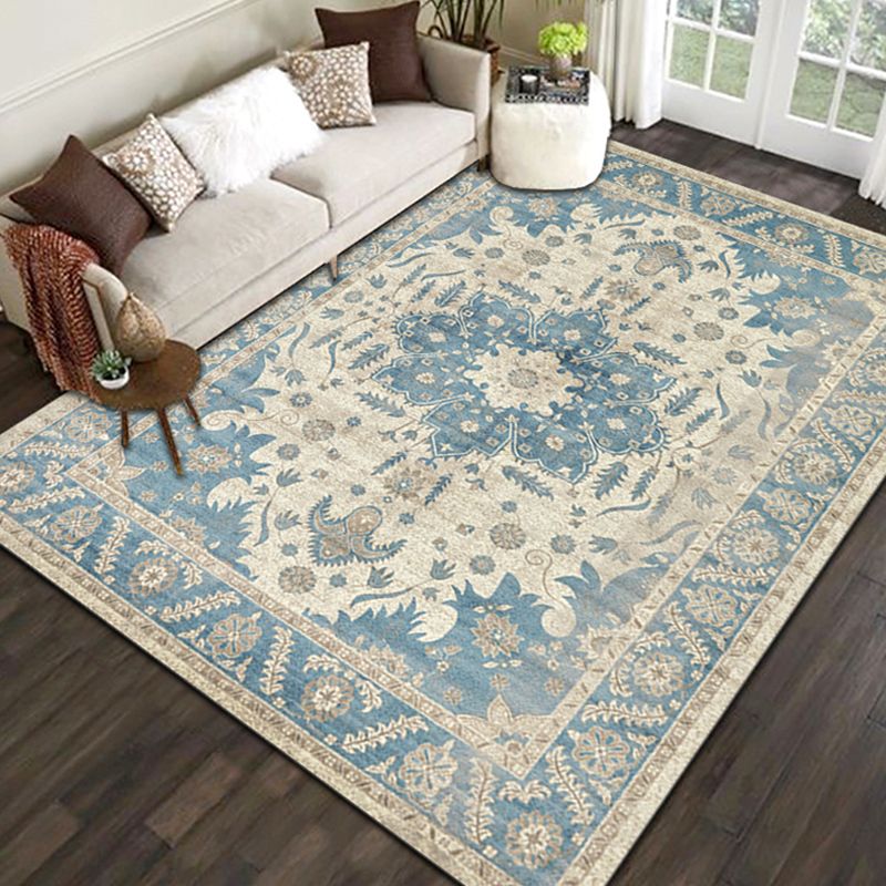 Blue Morocco Area Carpet Geometric Pattern Polyester Area Rug Non-Slip Backing Rug for Home Decor