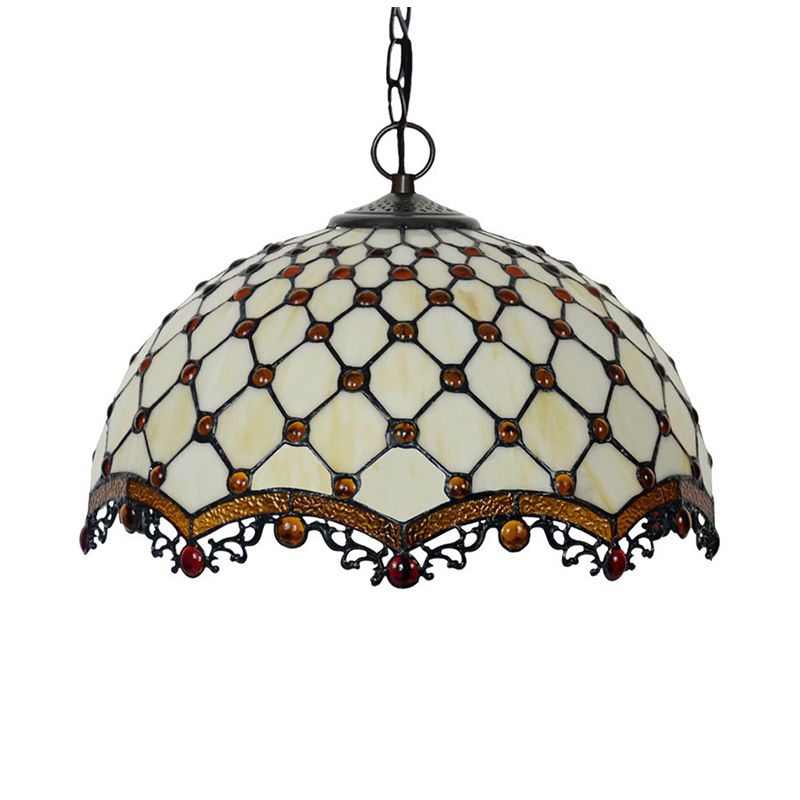 Scalloped Pendant Ceiling Light Tiffany Stained Glass 1 Light White Jewelry Suspension Lamp for Dining Room