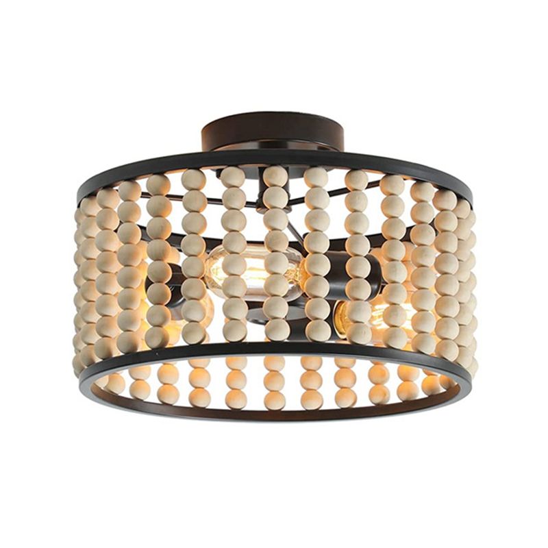 Modern Metal Flush Mount Circle Shape Ceiling Light with Wood Shade for Living Room