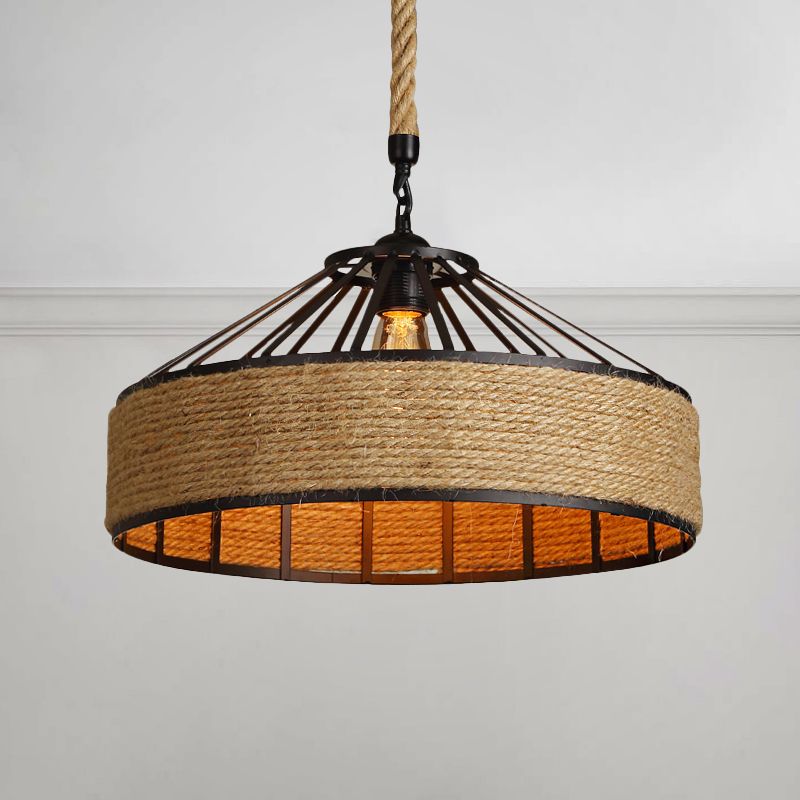 Drum Shade Rope Pendant Ceiling Light Vintage Style 1 Bulb Coffee Shop Hanging Light in Black