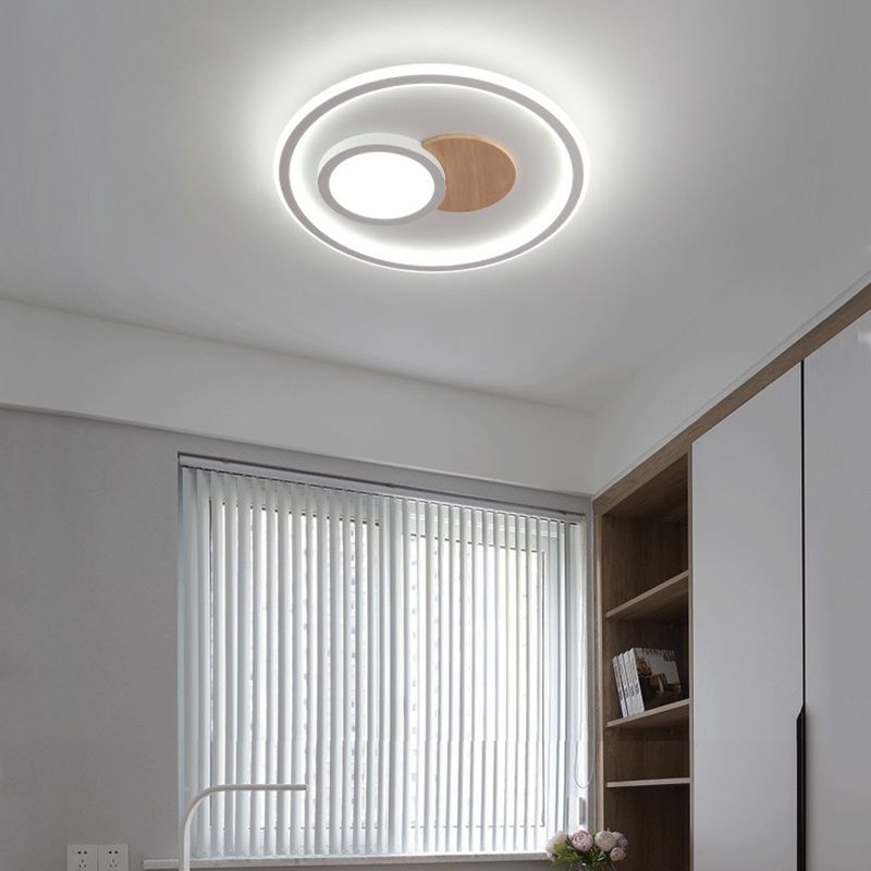 White Round Flush Light Modern Wood LED Ceiling Light Fixture for Bedroom