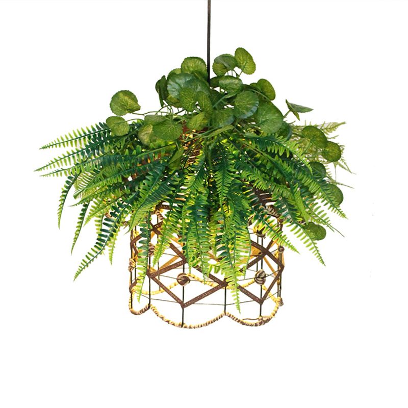 Retro Scalloped Cage Down Lighting 1 Light Iron Ceiling Suspension Lamp in Green with Plant Decoration