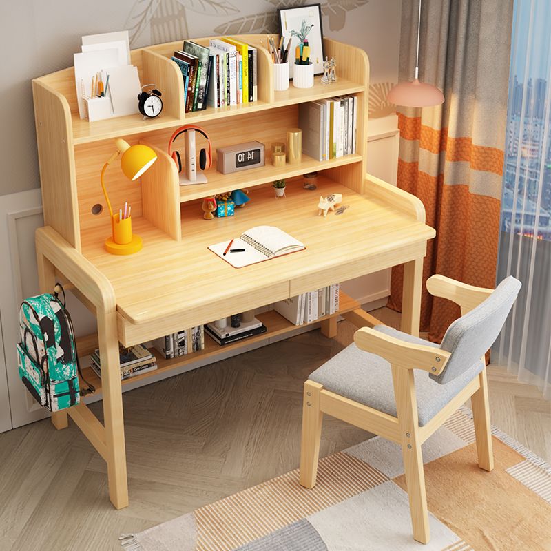 Solid Wood Writing Desk Table and Chairs Set Adjustable Kid's Desk with Storage Shelves