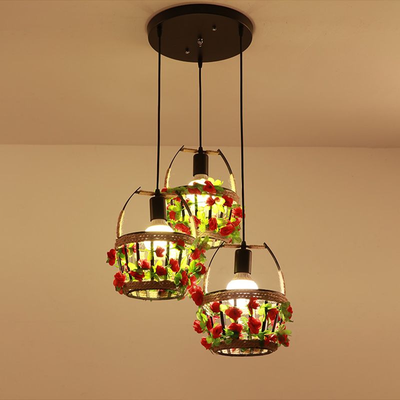 Flower Basket Restaurant Cluster Pendant Metal 3 Heads Black Suspension Lighting with Round/Linear Canopy