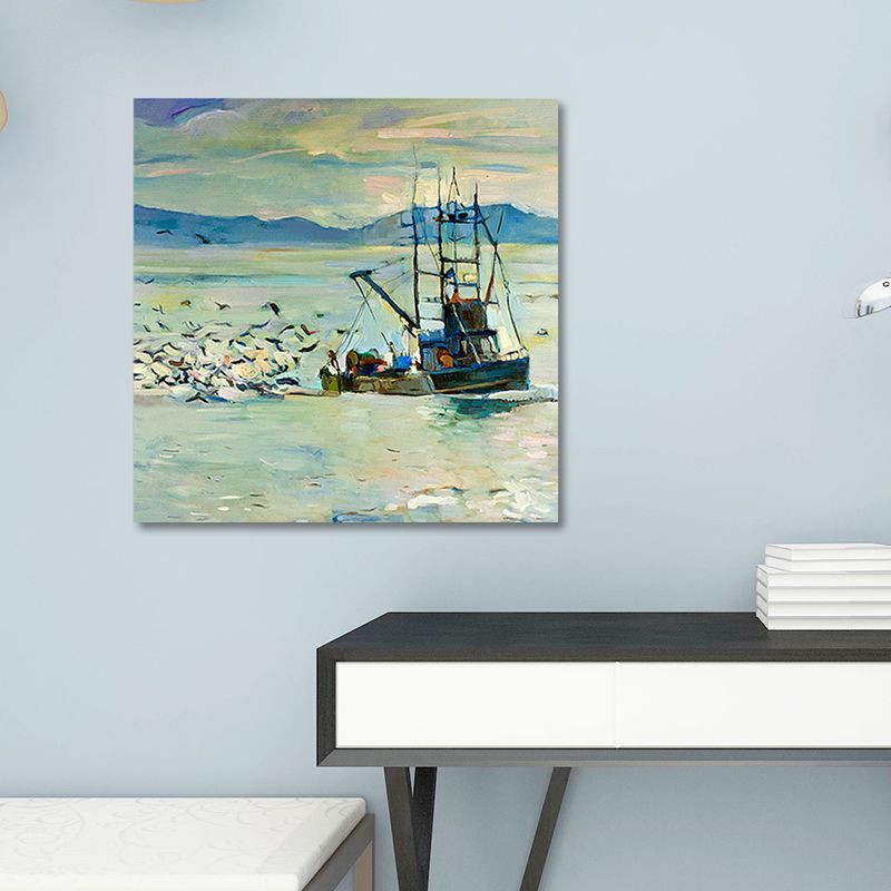 Traditional Wall Art Print Blue Gull and Fishing Boat on the Ocean Painting for Home