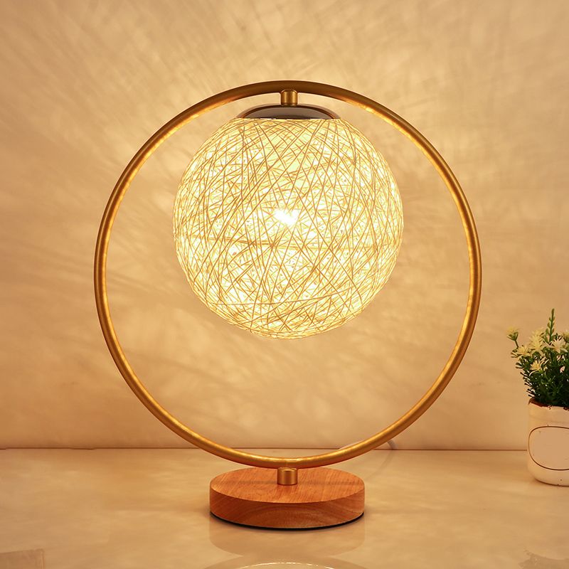 Beige/Red Sphere Desk Lamp Minimalism Single Head Fabric Night Lighting with Round Frame Design