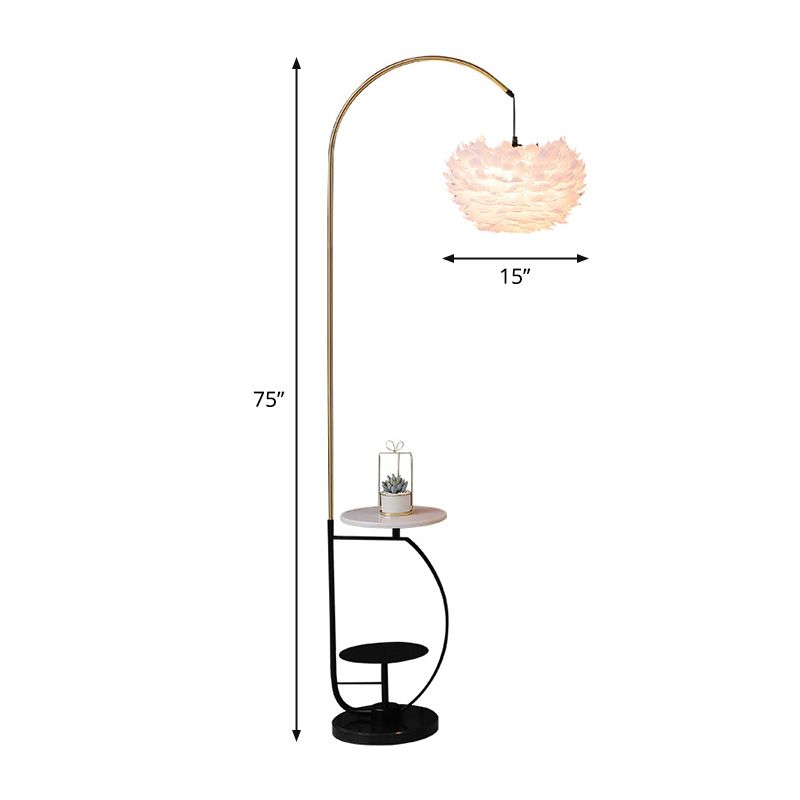 Metal Fishing Rod Standing Light Nordic 1-Light Floor Lamp with 2-Tier Tray and Suspended Feather Shade