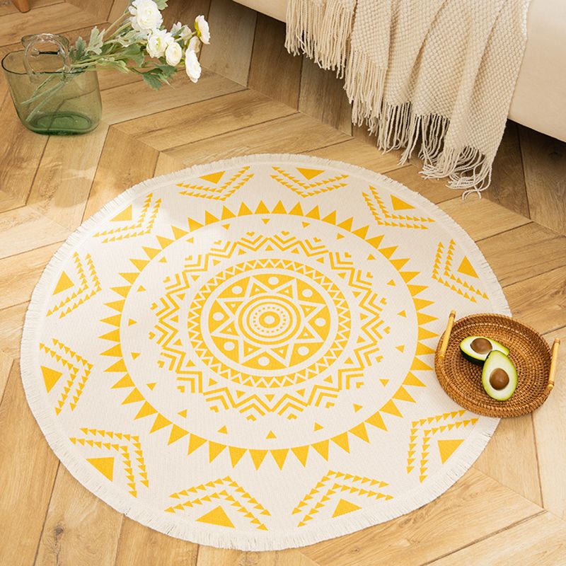 Individuality Moroccan Rug with Fringe Multicolored Round Carpet Cotton Blend Rug for Home Decor