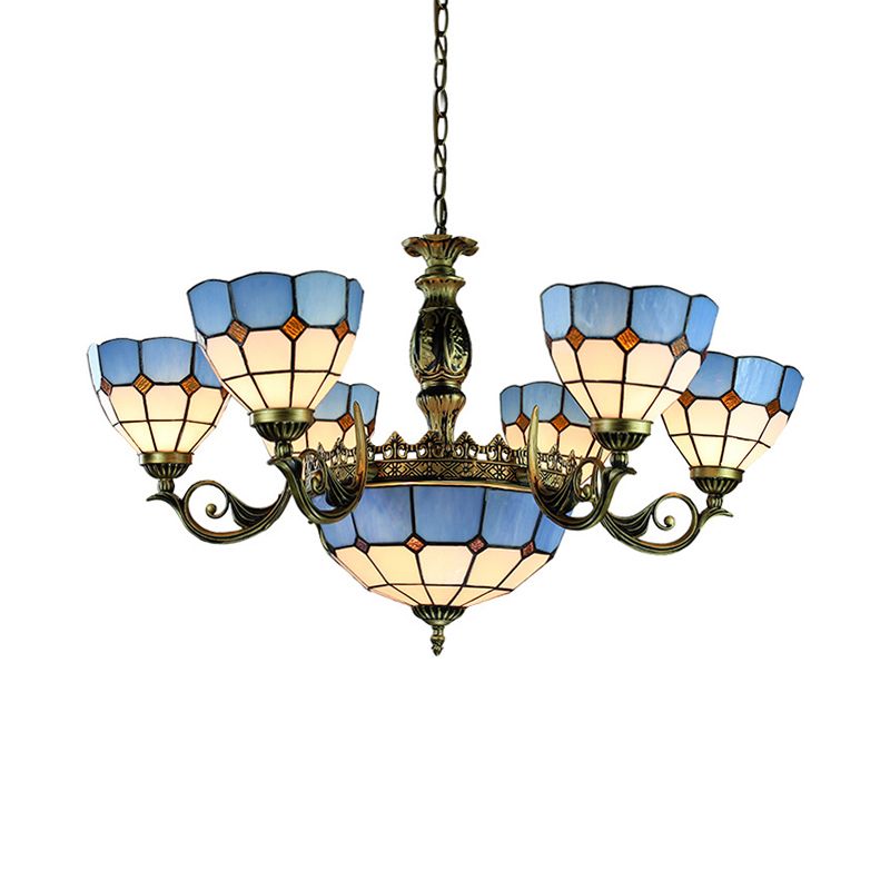 Blue 9 Lights Pendant Chandelier Nautical Stained Glass Dome Ceiling Light for Living Room