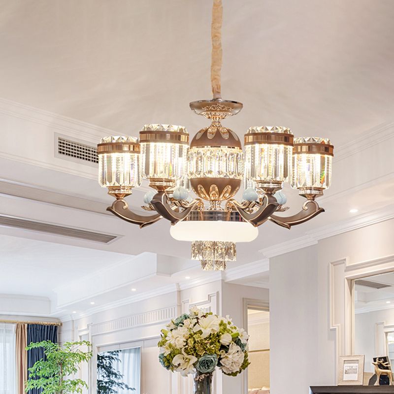 6/8 Lights Chandelier Pendant Light Modern Living Room Ceiling Hang Fixture with Cylinder Crystal Block Shade in Gold