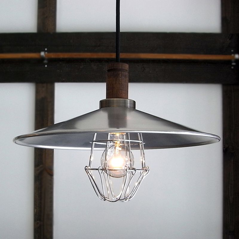 Aluminum Silver Pendant Lighting Flying Saucer 1-Light Farmhouse Ceiling Suspension Lamp with Wire Cage and Wood Cork