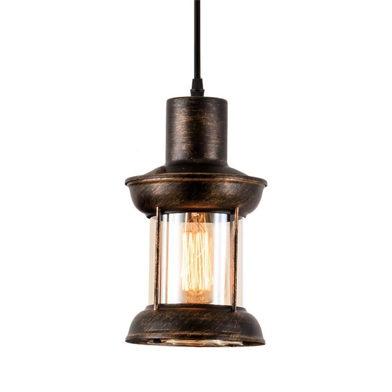 Lantern Restaurant Pendulum Light Country Style Clear Glass 1 Bulb Bronze Pendant Light Fixture