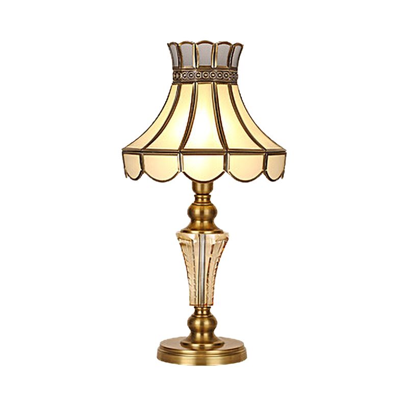 1 Bulb Scalloped Night Table Lamp Traditional Gold Finish Beige Glass Nightstand Lighting with Crystal Accent