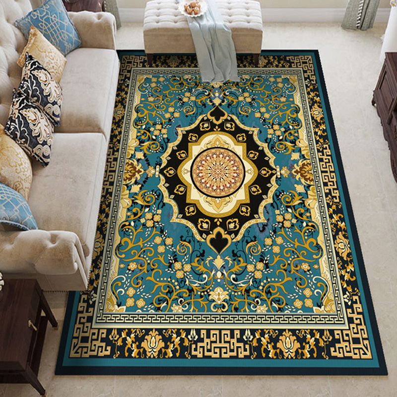 Dark Color Classical Indoor Rug Polyester Medallion Print Carpet Easy Care Rug for Home Decoration