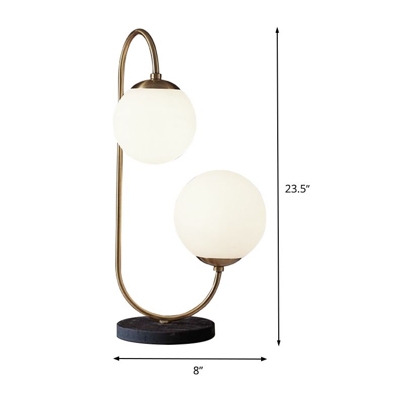 White Glass Ball Task Lamp Modern 2 Bulbs Table Light in Brass with Curvy Metal Arm